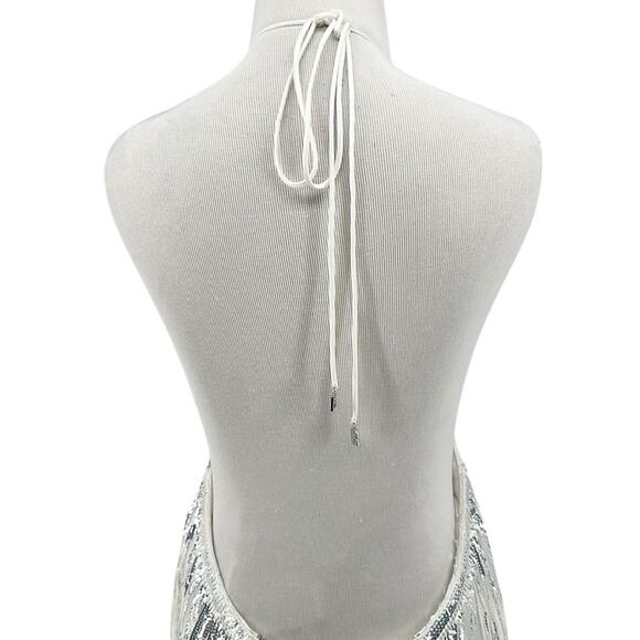 Rotate Birger Christensen Sequin Metallic Fringe Sleeveless Dress Silver Size 10 - Picture 13 of 16